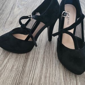 Black faux suede heels